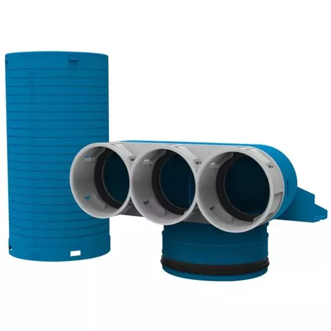 Vent-Axia Uniflexplus collettore della valvola 3 x Ø69 mm con coperchio Ø125 mm A=250 90° (lungo)