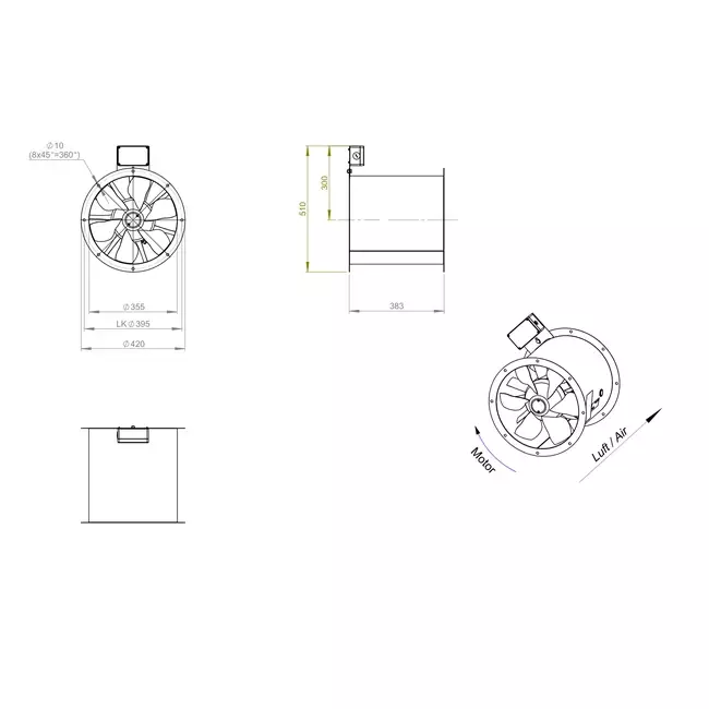 Ventilatore assiale per fumi canalizzati da 355 mm F300- AL 355 D4 F3 01 CFG