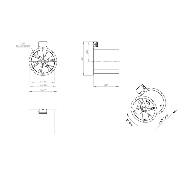 Ventilatore assiale per fumi canalizzati da 355 mm F300- AL 355 D2 F3 01 CFG