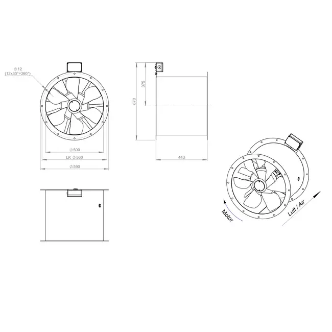 Ventilatore assiale da 500 mm canalizzato per fumi F300- AL 500 D4 F3 01 CFG