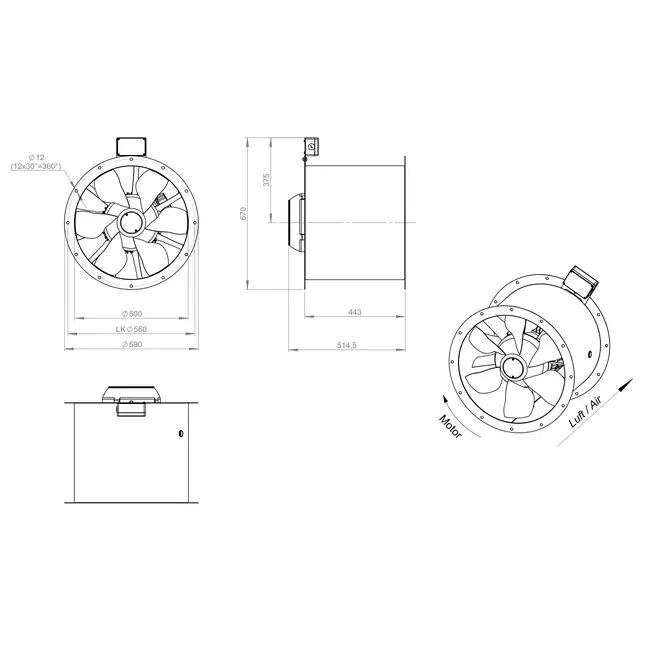 Ventilatore assiale da 500 mm canalizzato per fumi F300- AL 500 D2 F3 01 CFG