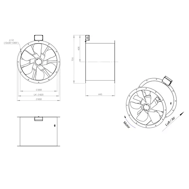 Ventilatore assiale per fumi canalizzati da 560 mm F300- AL 560 D4 F3 01 CFG