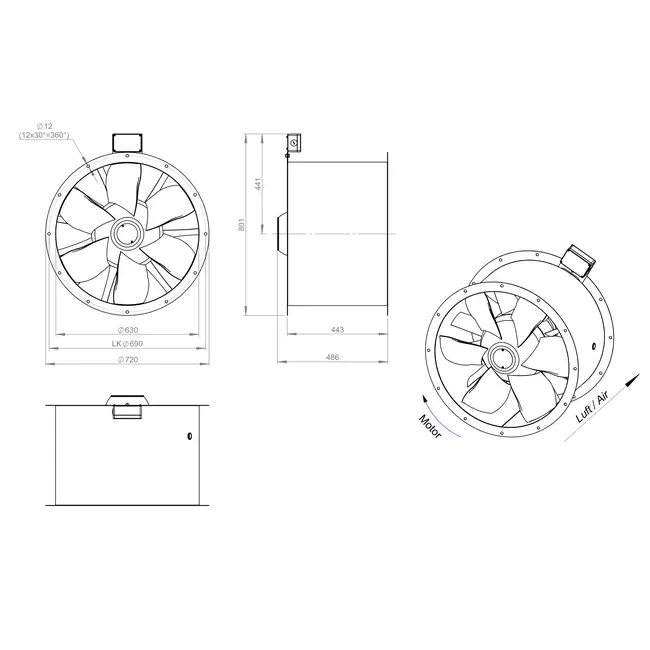 Ventilatore assiale da 630 mm canalizzato per fumi F300- AL 630 D6 F3 01 CFG
