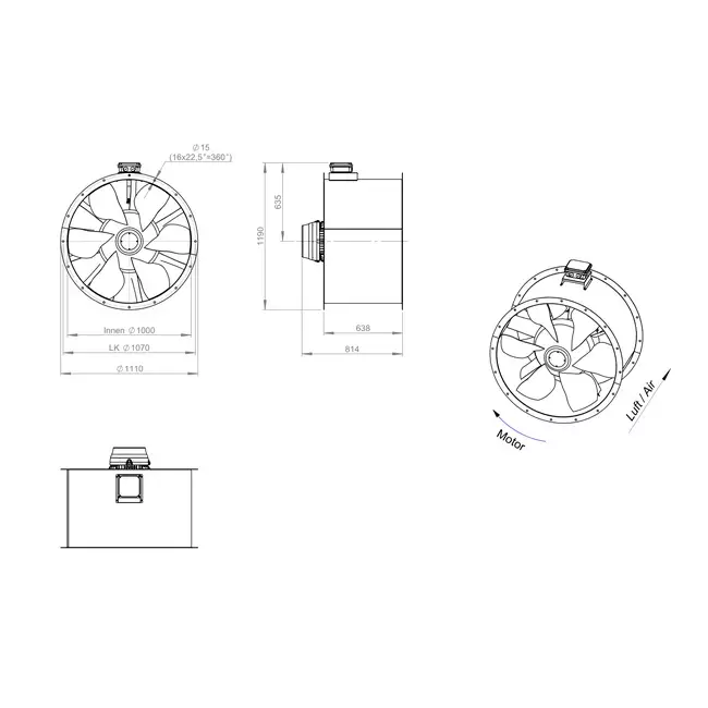 Ventilatore assiale da 1000 mm canalizzato per fumi F300- AL 1000 D6 F3 01 CFG