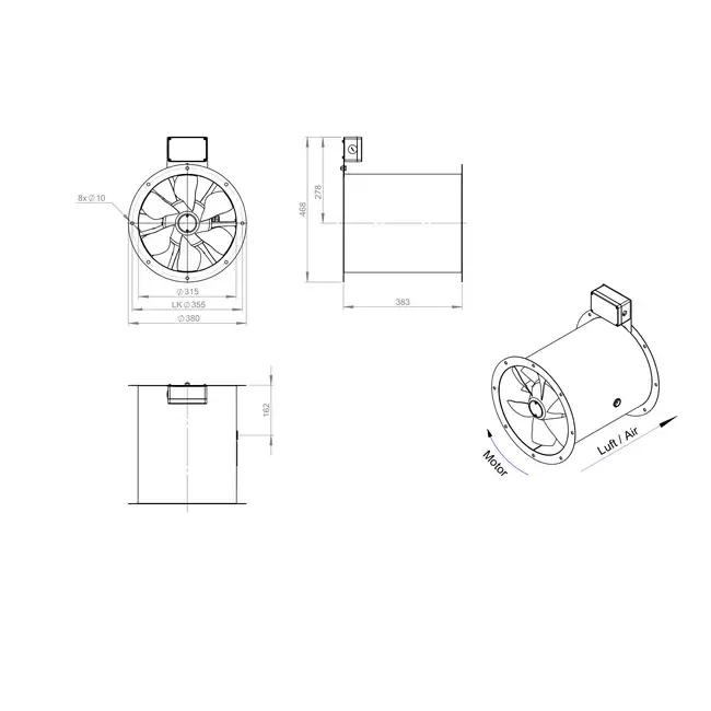 Ventilatore assiale da 315 mm canalizzato per fumi F400 - AL 315 D42U F4 01 CFG