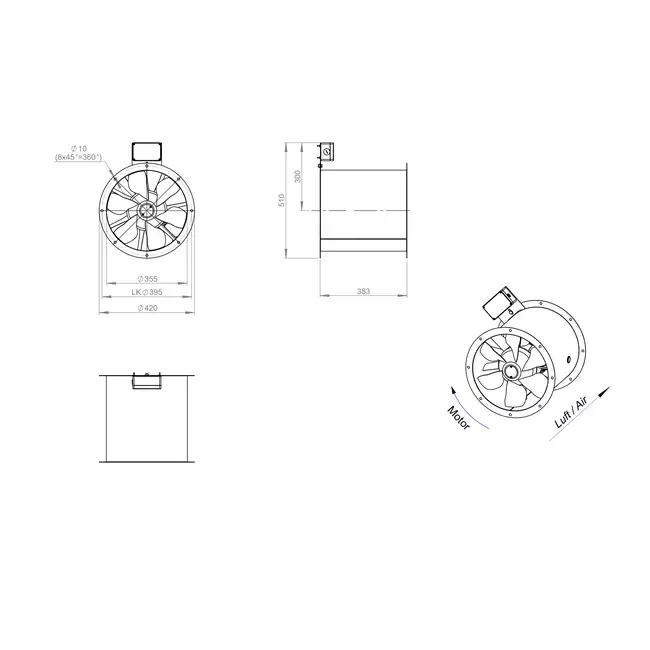 Ventilatore assiale per fumi canalizzati da 355 mm F400 - AL 355 D42U F4 02 CFG
