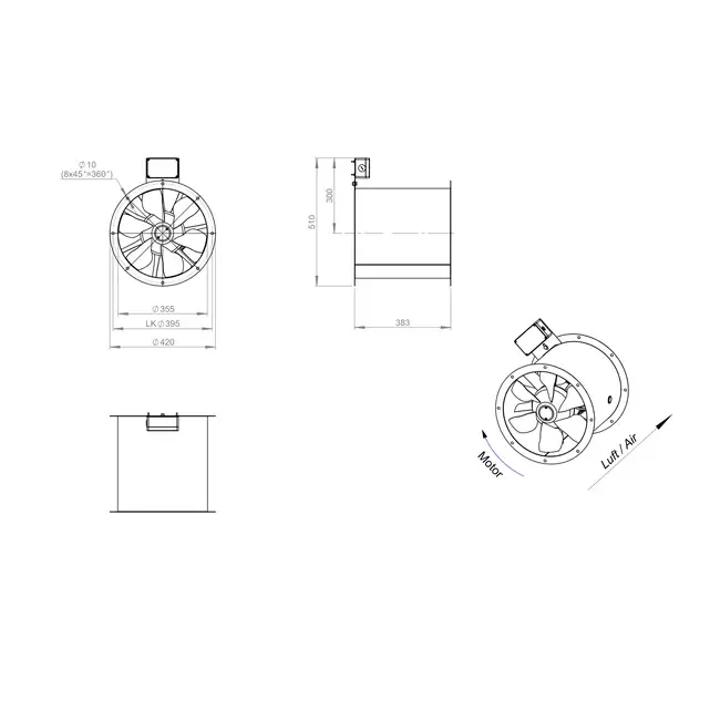 Ventilatore assiale per fumi canalizzati da 355 mm F300- AL 355 D2 F3 02 CFG