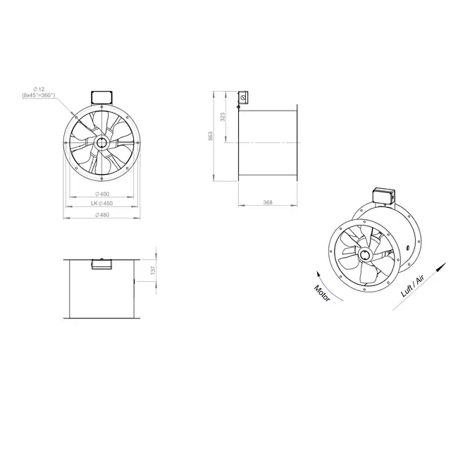 Ventilatore assiale da 400 mm canalizzato per fumi F300- AL 400 D42U F3 02 CFG