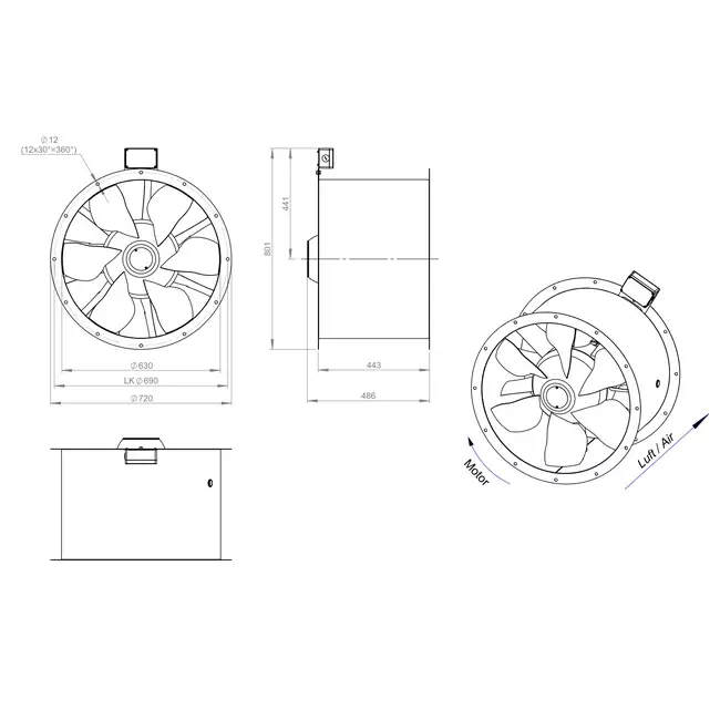 Ventilatore assiale da 630 mm canalizzato per fumi F400 - AL 630 D4 F4 03 CFG