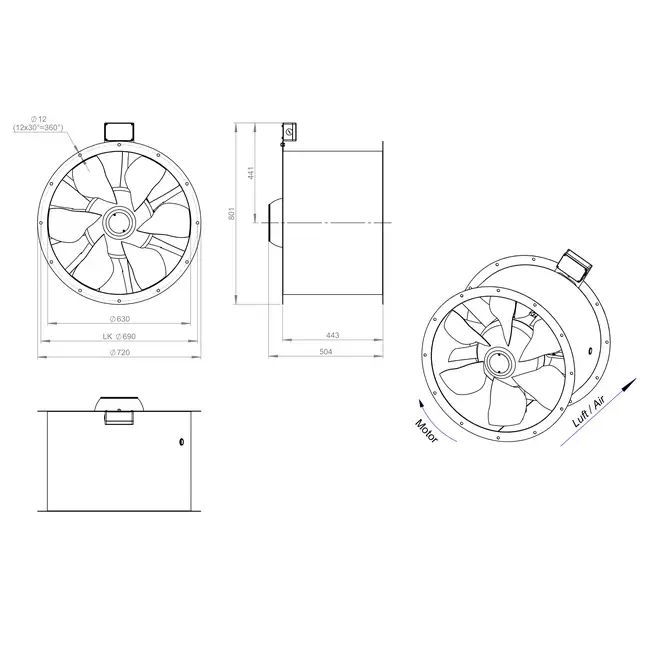 Ventilatore assiale da 630 mm canalizzato per fumi F400 - AL 630 D4 F4 01 CFG