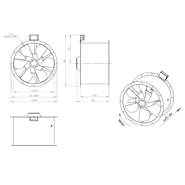 Ventilatore assiale da 630 mm canalizzato per fumi F400 - AL 630 D6 F4 02 CFG