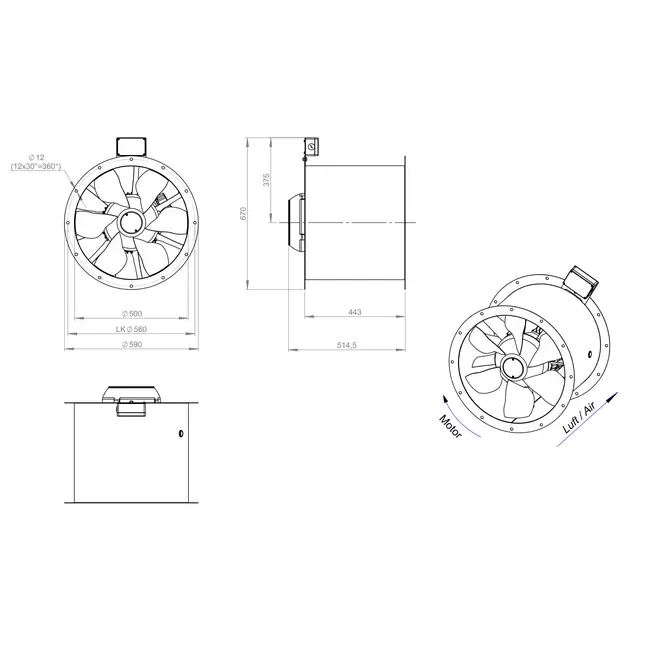 Ventilatore assiale da 500 mm canalizzato per fumi F400 - AL 500 D2 F4 01 CFG