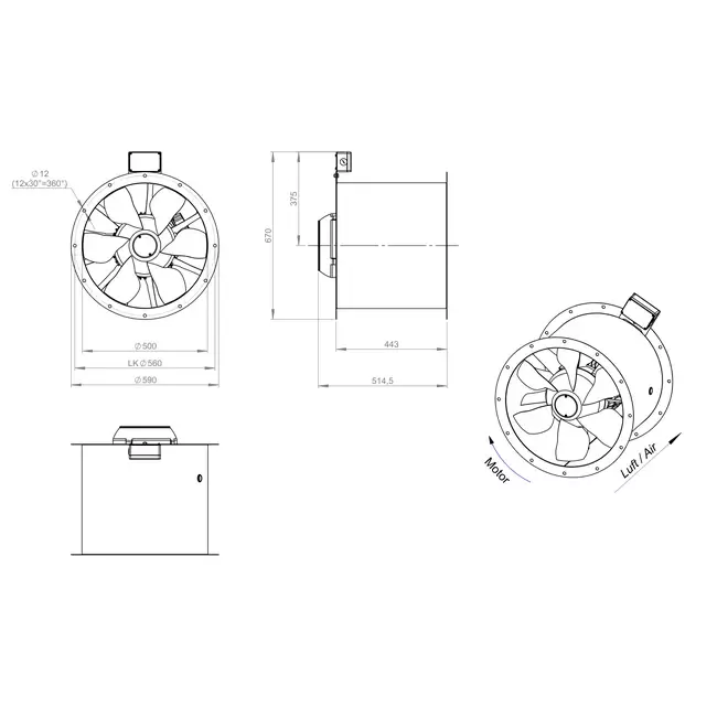 Ventilatore assiale per fumi canalizzati da 500 mm F400 - AL 500 D42U F4 01 CFG