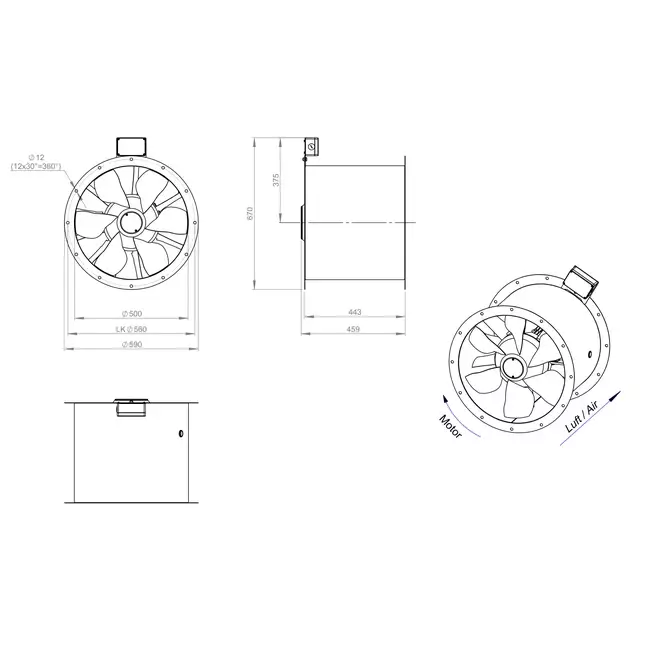 Ventilatore assiale per fumi canalizzati da 500 mm F400 - AL 500 D4 F4 03 CFG