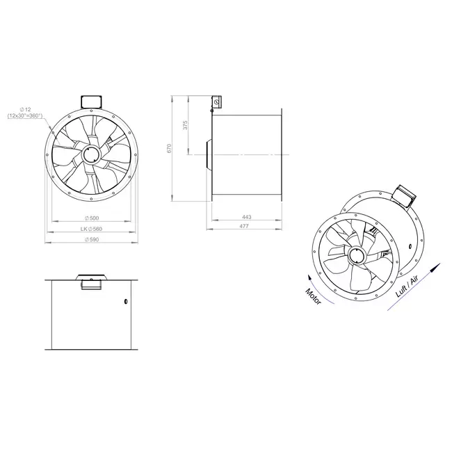 Ventilatore assiale da 500 mm canalizzato per fumi F300- AL 500 D2 F3 02 CFG