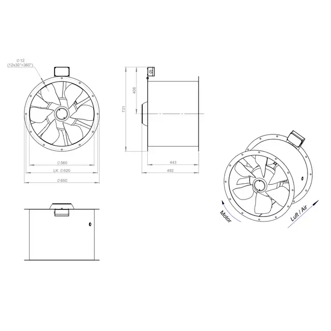 Ventilatore assiale per fumi canalizzati da 560 mm F400 - AL 560 D4 F4 04 CFG