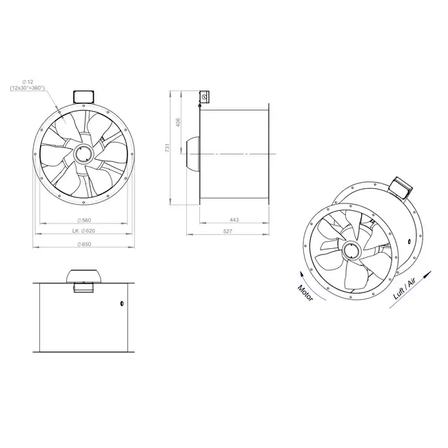 Ventilatore assiale da 560 mm per fumi F400 - AL 560 D84U F4 02 CFG