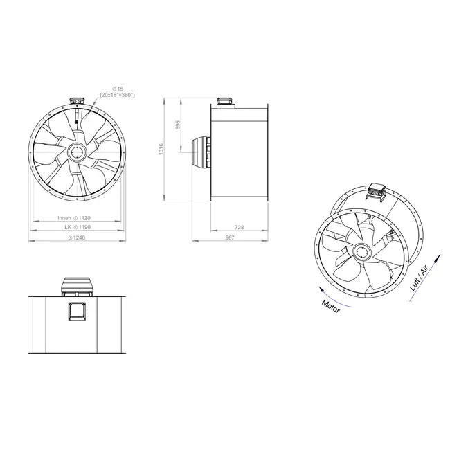 Ventilatore assiale per fumi canalizzati da 1120 mm F300- AL 1120 D6 F3 05 CFG