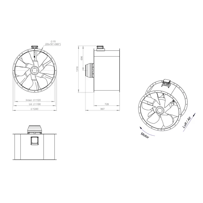 Ventilatore assiale per fumi canalizzati da 1120 mm F400 - AL 1120 D6 F4 03 CFG
