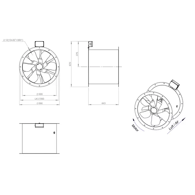 Ventilatore assiale per fumi canalizzati da 500 mm F400 - AL 500 D4 F4 01 CFG