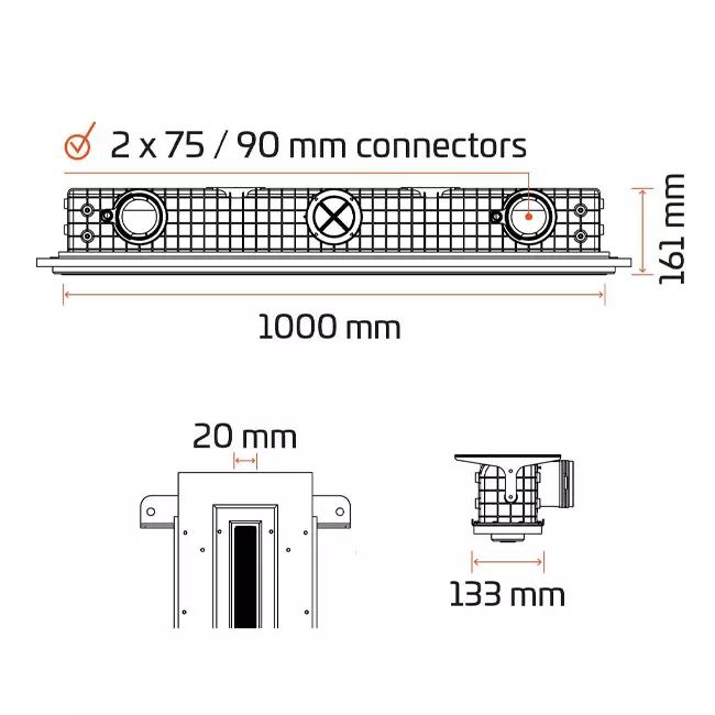Griglia lineare intonacabile senza cornice Ergovent 1000 mm con diametro di collegamento 75 mm - standard
