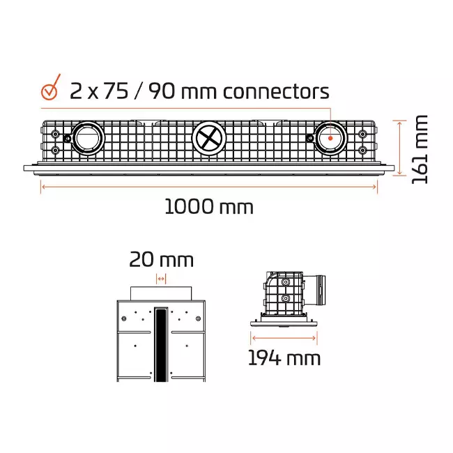 Griglia lineare intonacabile senza cornice Ergovent 1000 mm con diametro di collegamento 75 mm – profilo