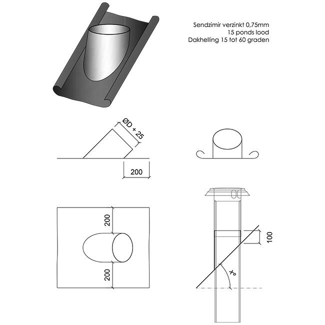 Tegola perforata di piombo per condotto termoisolato diametro 125 mm - 45 gradi