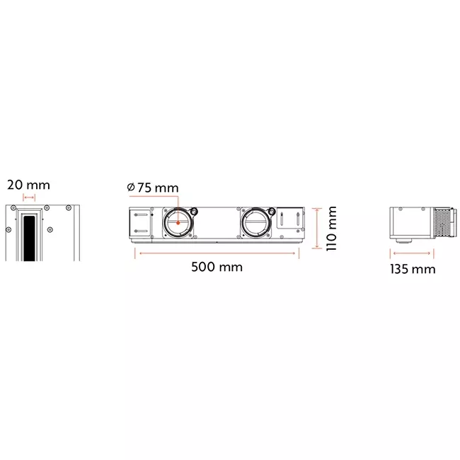 Ergovent, lamelle senza cornice da 500 mm con diametro di raccordo di 75 mm - standard