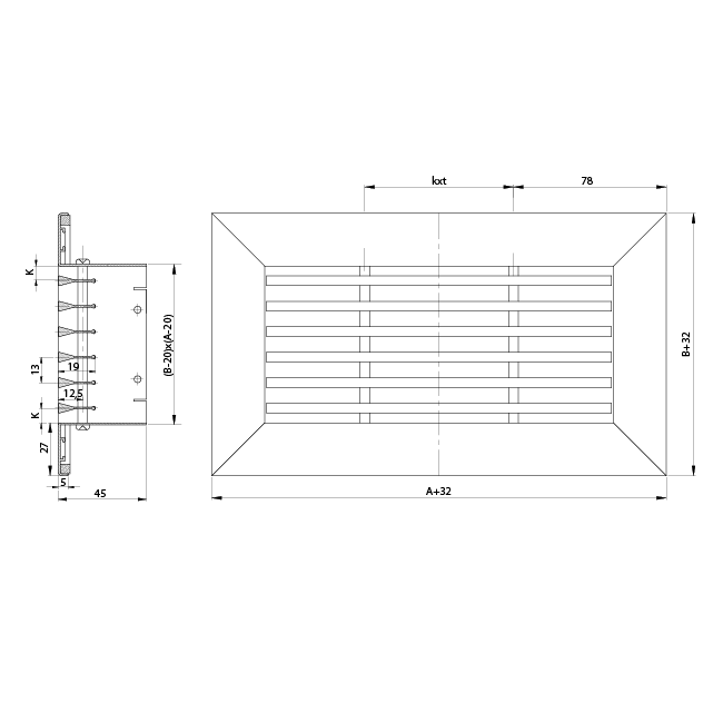Griglia a barre in alluminio - con molle a frizione - 400x150 mm - RAL 9005