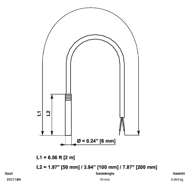 Sensore di temperatura a cavo Belimo PT1000 50x6 mm - 2 metri - 01CT-1BH