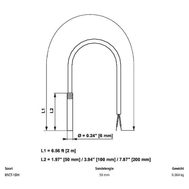 Sensore di temperatura a cavo Ni1000TK5000 50x6 mm - 2 metri - 01CT-1DH