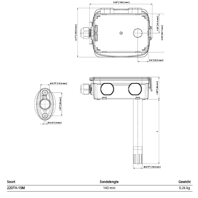 Sensore a canale Belimo per umidità e temperatura - Modbus RTU - sonda 140 mm - 22DTH-15M