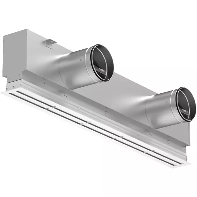Griglia lineare in alluminio con 1 deflettore regolabile – 2000 mm – RAL 9016 + plenum isolato con serranda di regolazione della portata d’aria