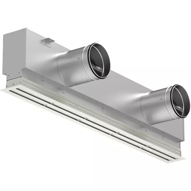 Griglia lineare in alluminio con 1 deflettore regolabile – 1500 mm – RAL 9010 + plenum isolato con serranda di regolazione della portata d’aria