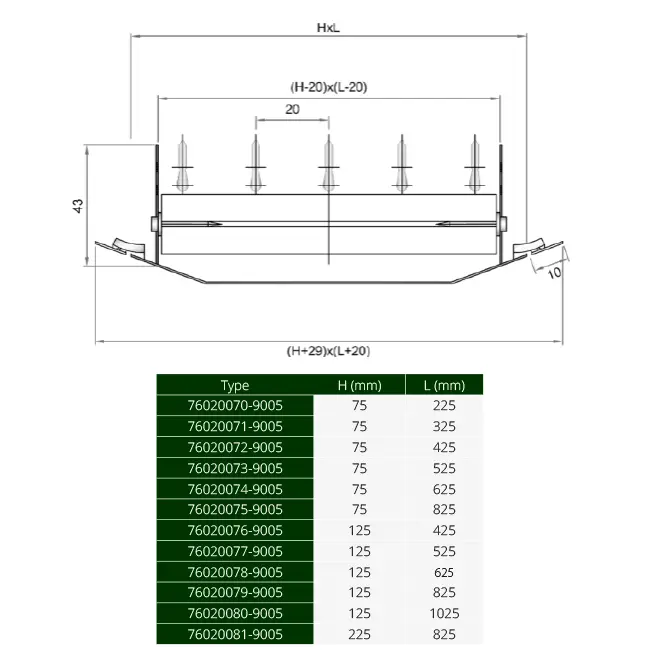 Griglia per canalina ClimaConnect a doppia regolazione 825x125 mm per tubi da 315 a 900 mm - RAL 9005