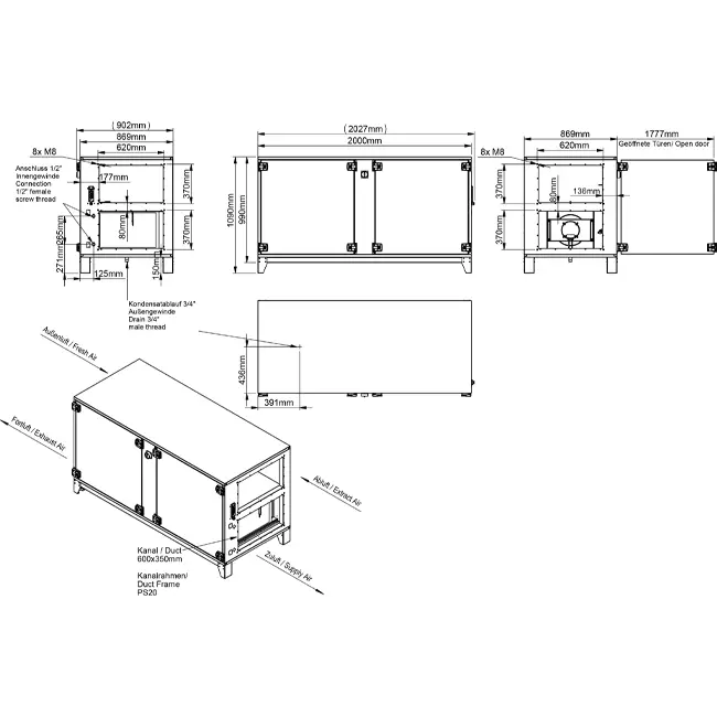 Unità di trattamento aria Maxivent WTW con scambiatore a controcorrente da 2000 m³/h con batteria DX orizzontale a sinistra - PHE 2000 H ODJL