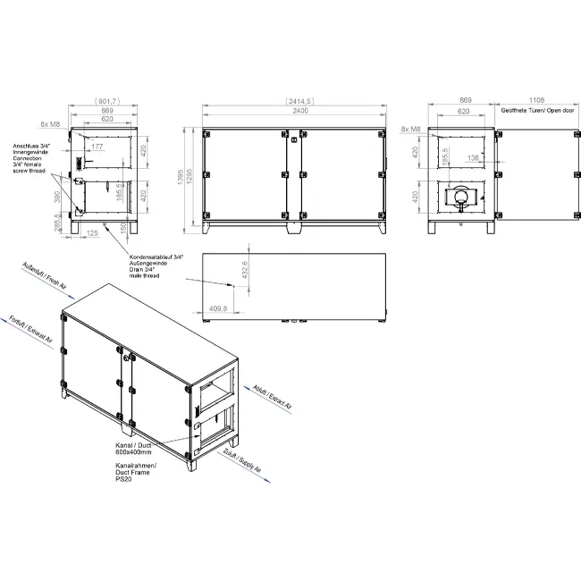 Unità di trattamento aria Maxivent WTW con scambiatore a controcorrente 2800 m³/h, orientamento orizzontale a sinistra - PHE 2800 H OOJL