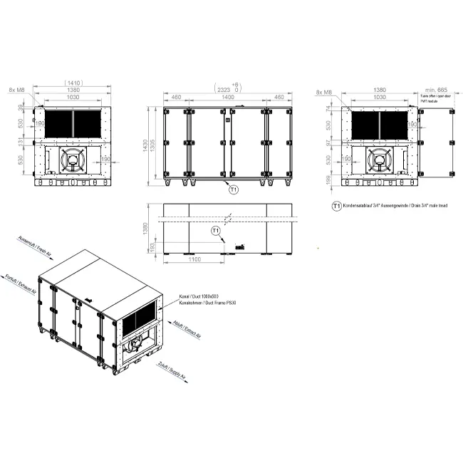Unità di trattamento aria Maxivent WTW con scambiatore a controcorrente da 5000 m³/h, orientamento orizzontale a destra - PHE 5000 H OOJR T 01