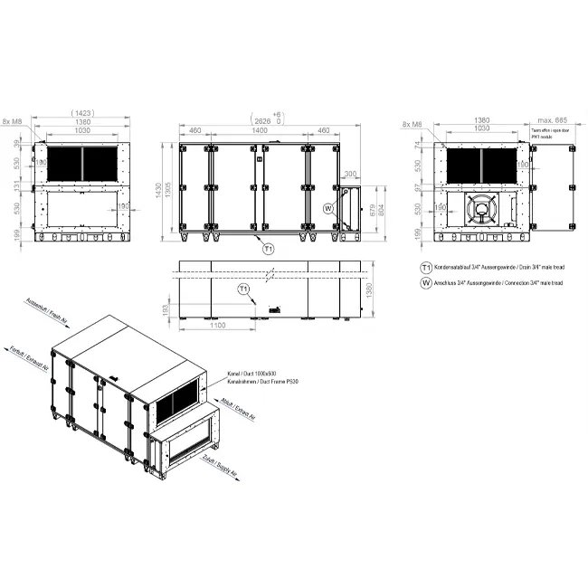 Unità di trattamento aria Maxivent WTW con scambiatore a controcorrente da 5000 m³/h con batteria ad acqua calda in posizione orizzontale a destra - PHE 5000 H WOJR T 01