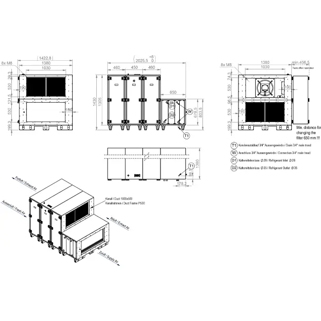 Unità di trattamento aria Maxivent WTW con ruota termica da 12600 m³/h, con batteria ad acqua calda e batteria ad acqua fredda, disposizione orizzontale a destra - RHE 12600 H WKJR T 01