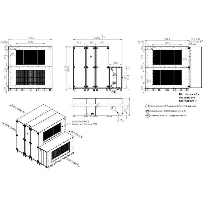 Unità di trattamento aria Maxivent WTW con ruota termica da 12600 m³/h con batteria DX, disposizione orizzontale a sinistra - RHE 12600 H ODJL T 01