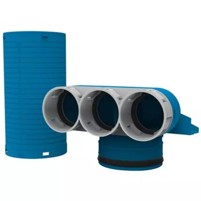 Vent-Axia Uniflexplus collettore della valvola 3 x Ø69 mm con coperchio Ø125 mm A=250 90° (lungo)