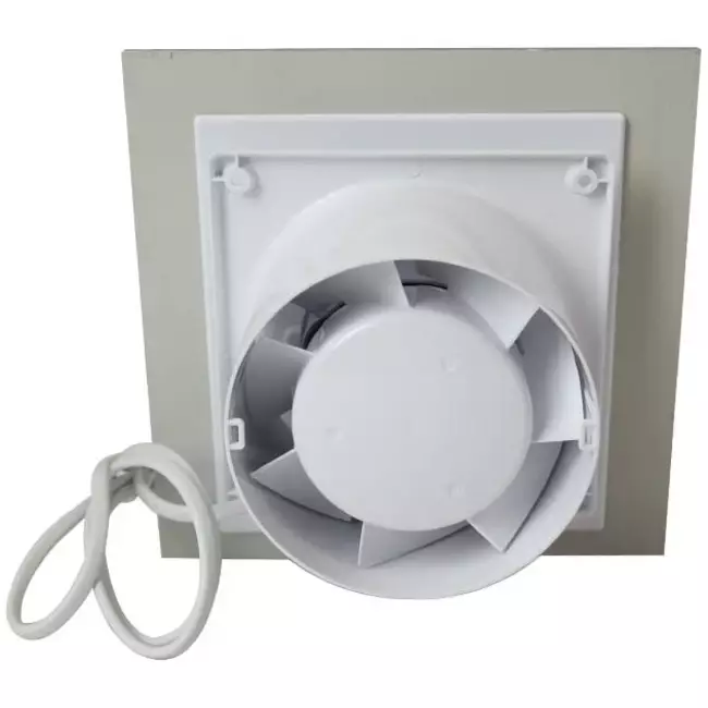 Aspiratore per il bagno Ø 125 mm con interruttore a corda e spina - pannello frontale di vetro dorato satinato