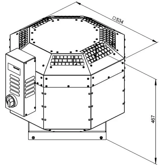 Aspiratore da tetto Ruck insonorizzato per il settore della ristorazione per l’aspirazione dei fumi della cucina fino a 120 °C 1720 m³/h - DVNI 225 E2 30