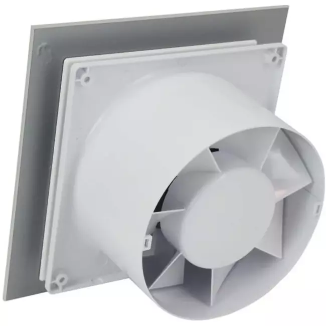 Aspiratore per il bagno Ø 100 mm - pannello frontale di vetro argentato satinato