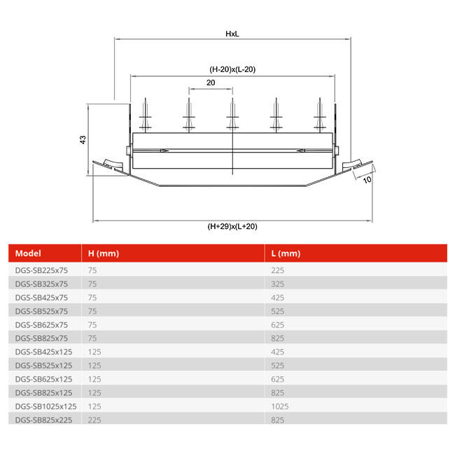 Griglia per condotto singola regolabile 525x75 mm per condotto da 160 a 400 mm - DGS-SB525x75