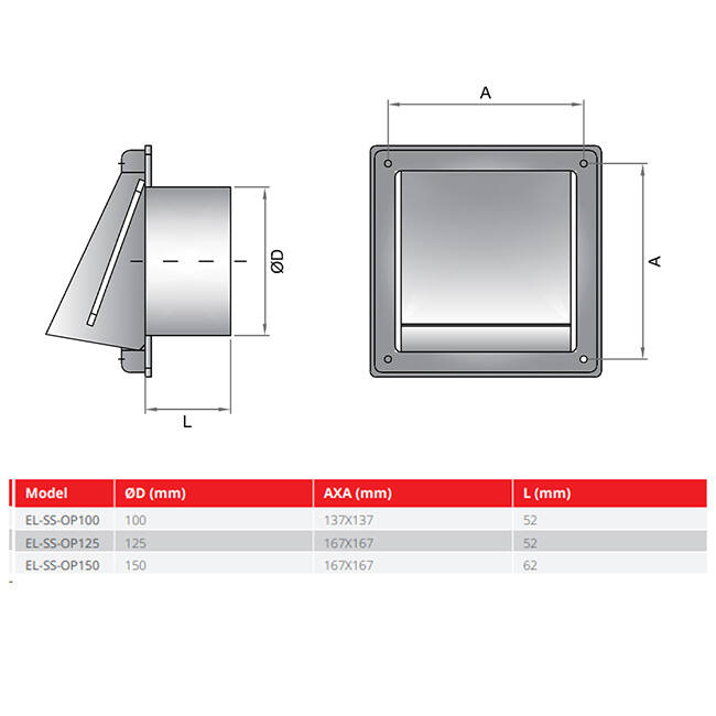 Griglia frontale in acciaio inox da 100 mm con serranda di non ritorno in entrata alta - EL-SS-BD100 SS