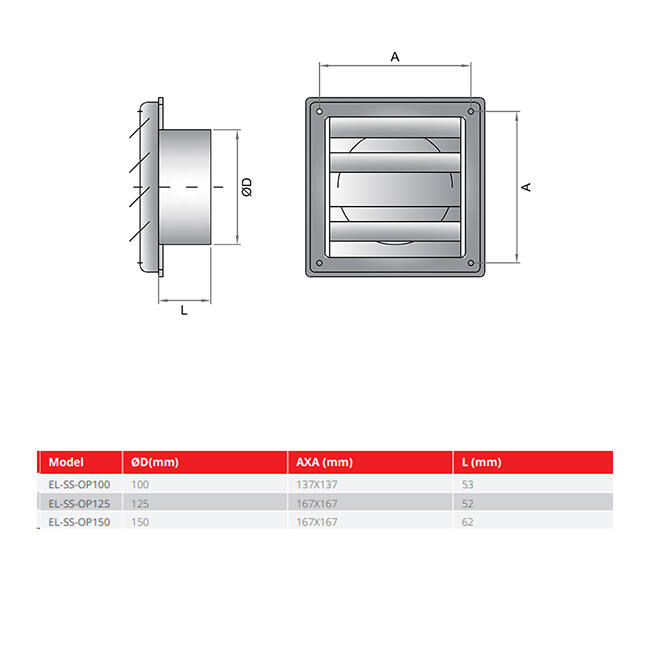 Griglia frontale in acciaio inox 100 mm con alette mobili di scarico alto - EL-SS-OP100 SS