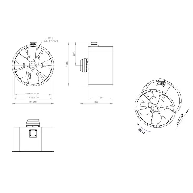 Ventilatore assiale per fumi canalizzati da 1120 mm F300- AL 1120 D6 F3 03 CFG
