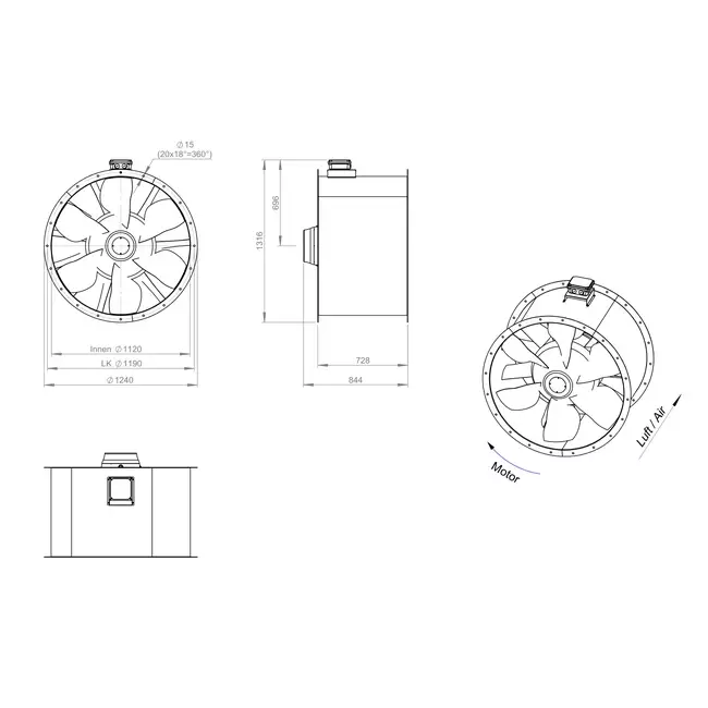 Ventilatore assiale per fumi canalizzati da 1120 mm F300- AL 1120 D6 F3 02 CFG